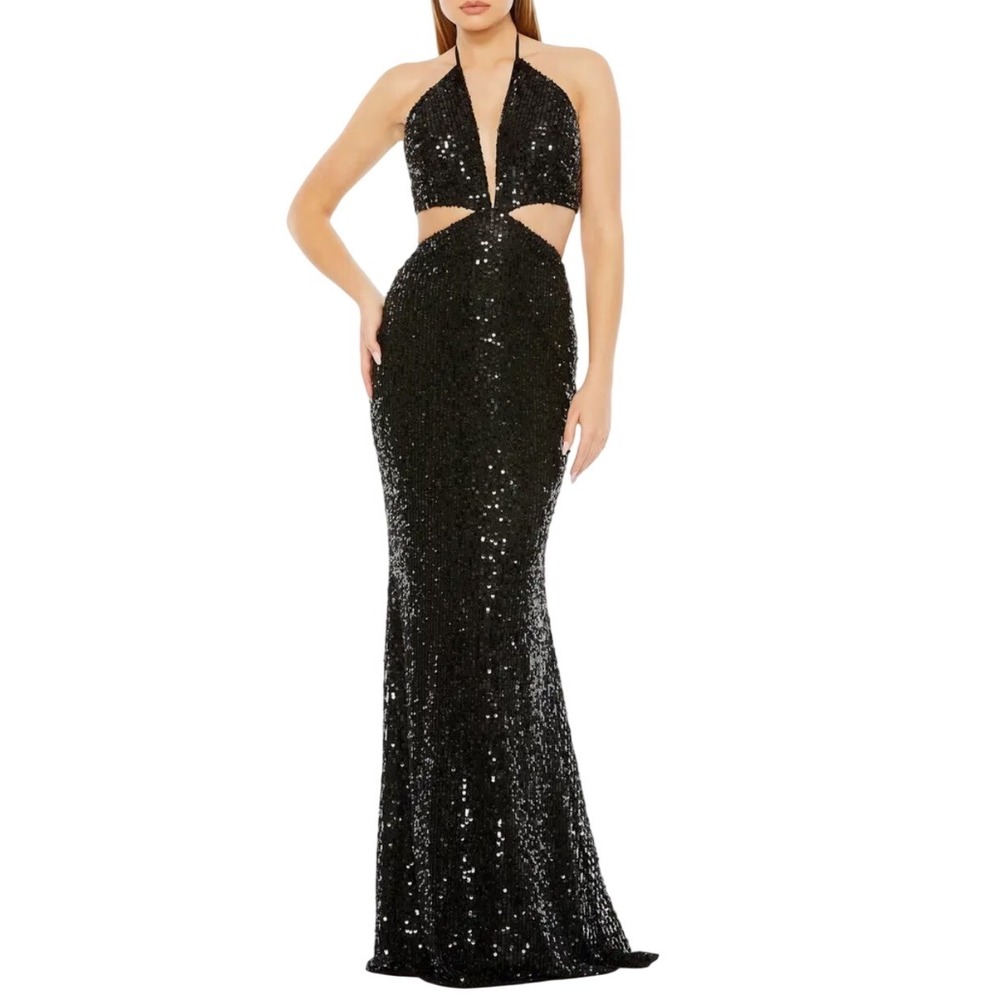 WB11 MAC Duggar Cut Out Halter Tie Back Sequin Gown NWT Size 4